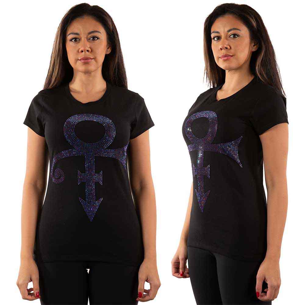 Prince Ladies T-Shirt: Purple Symbol (Black) (Embellished)