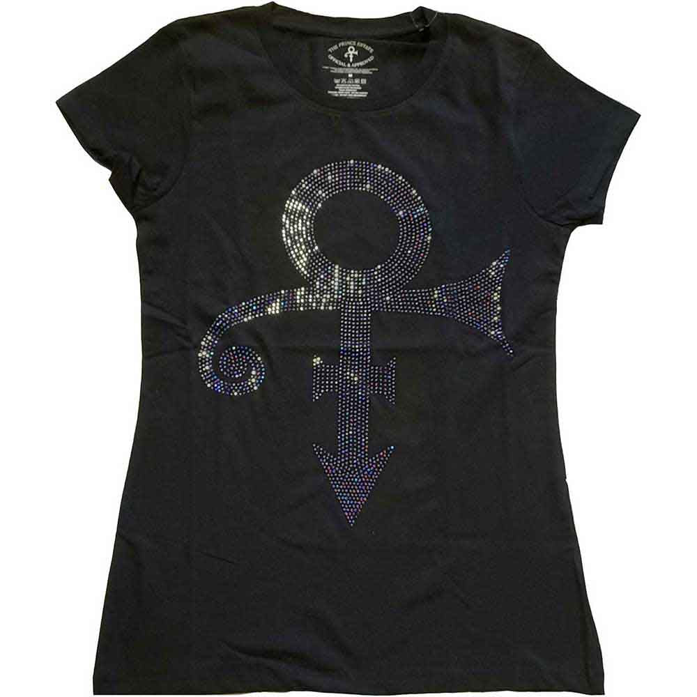 Prince Ladies T-Shirt: Purple Symbol (Black) (Embellished)