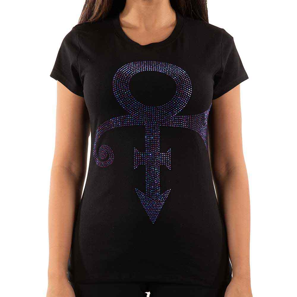 Prince Ladies T-Shirt: Purple Symbol (Black) (Embellished)