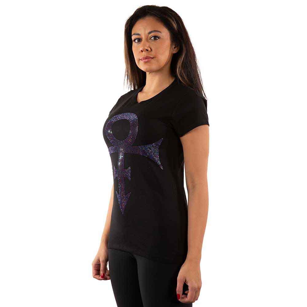 Prince Ladies T-Shirt: Purple Symbol (Black) (Embellished)