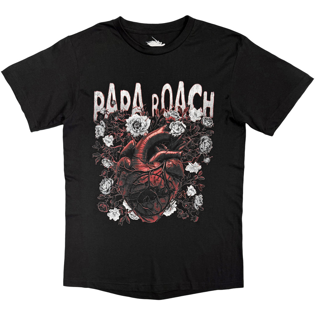 Papa Roach Unisex T-Shirt: Heart Flower (Black) (Back Print)
