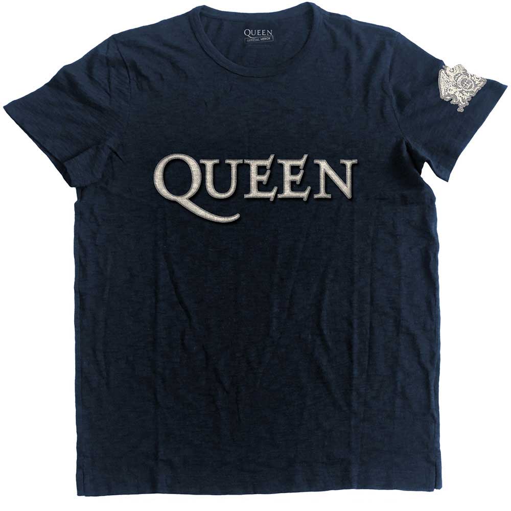 Queen Unisex T-Shirt: Logo & Crest Applique (Navy Blue) (Embellished) (LOS)