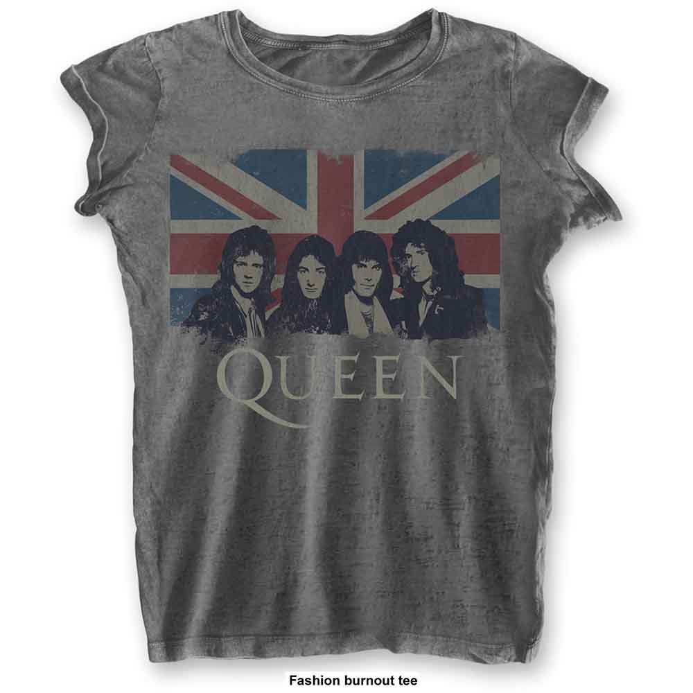 Queen Ladies Burnout T-Shirt: Vintage Union Jack (Charcoal Grey) (LOS)