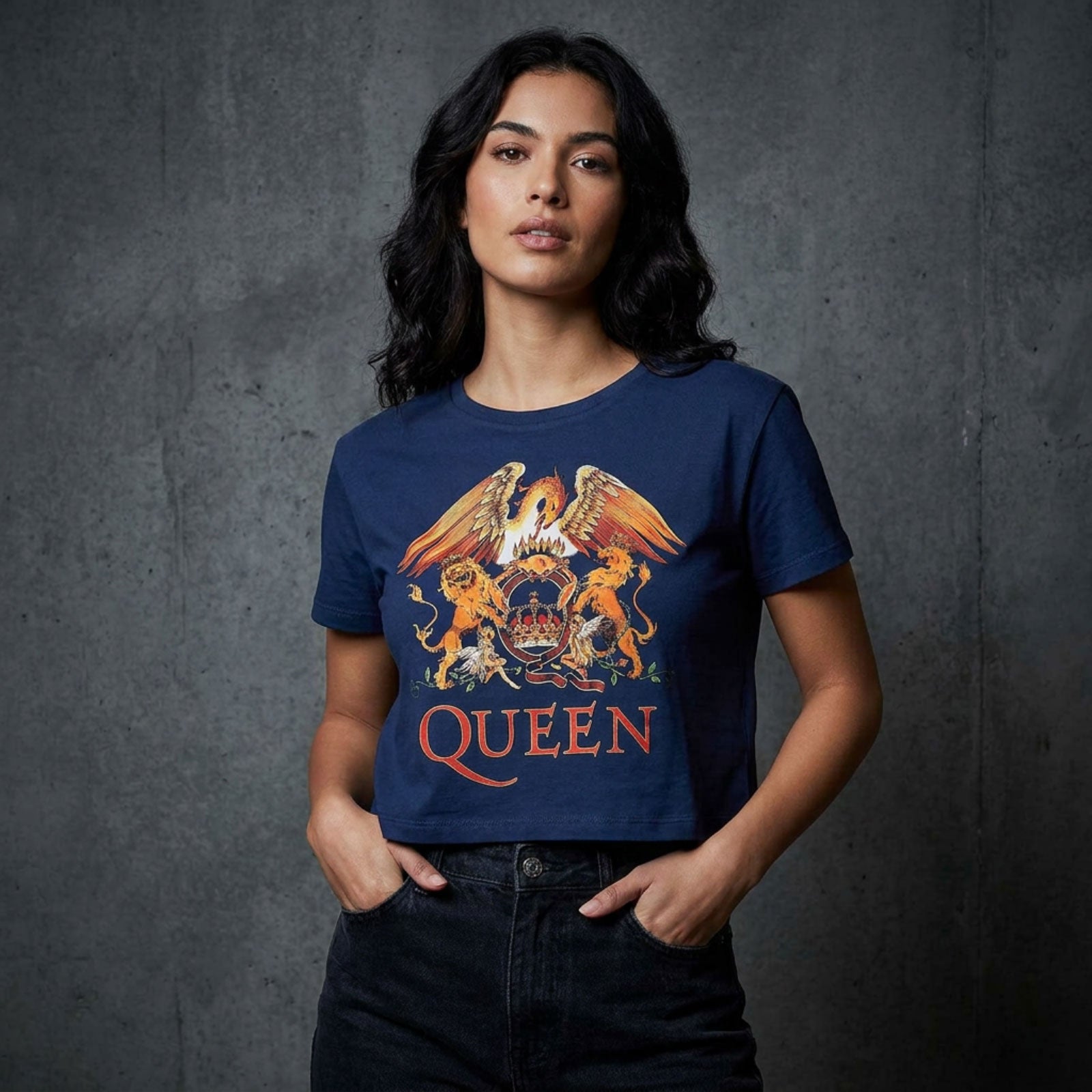 Queen Ladies Crop Top: Classic Crest (Denim Blue)