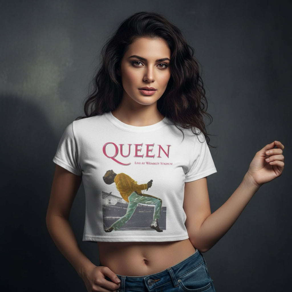 Queen Ladies Crop Top: Wembley Stadium Magenta Logo (White)