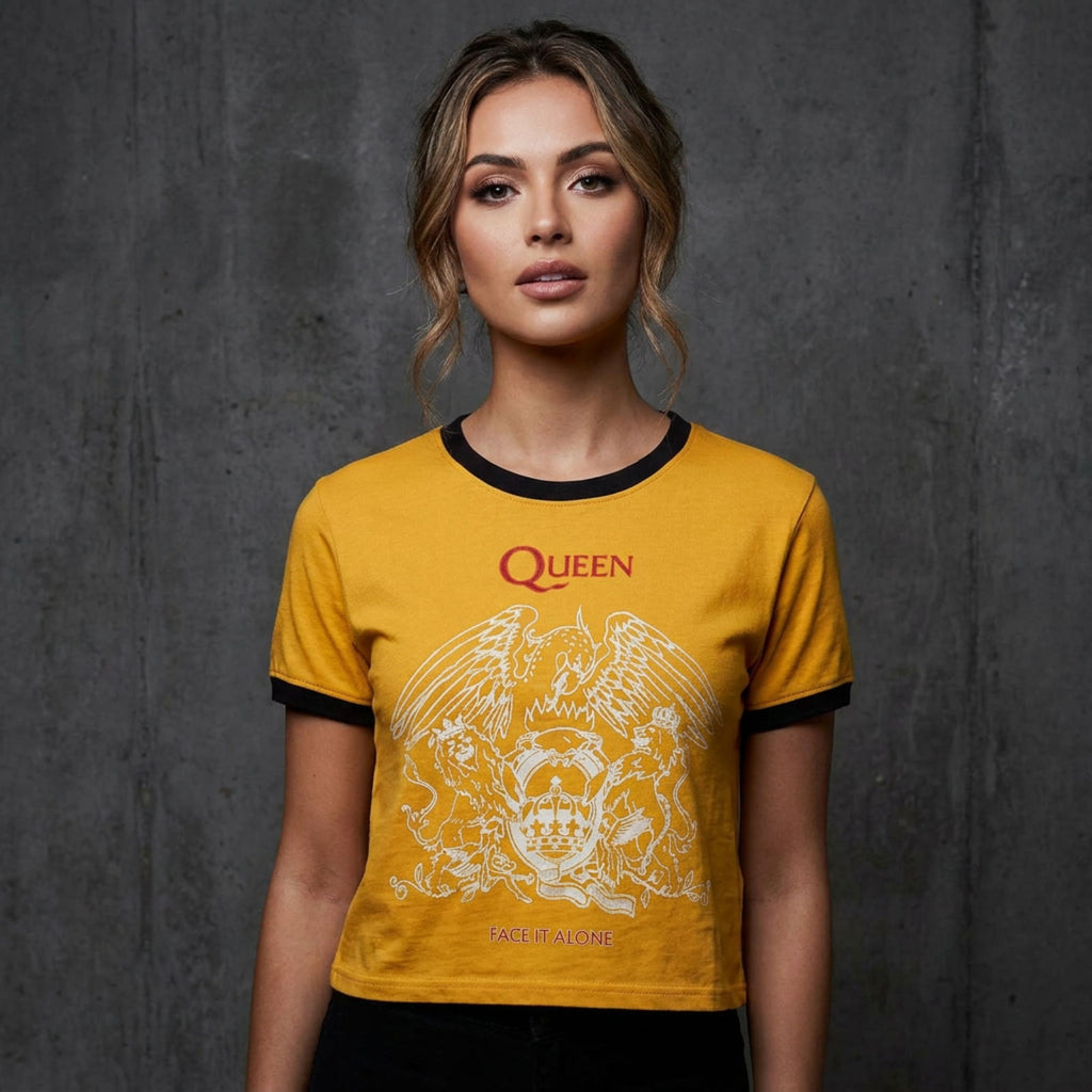 Queen Ladies Crop Top: Face It Alone Crest (Yellow)