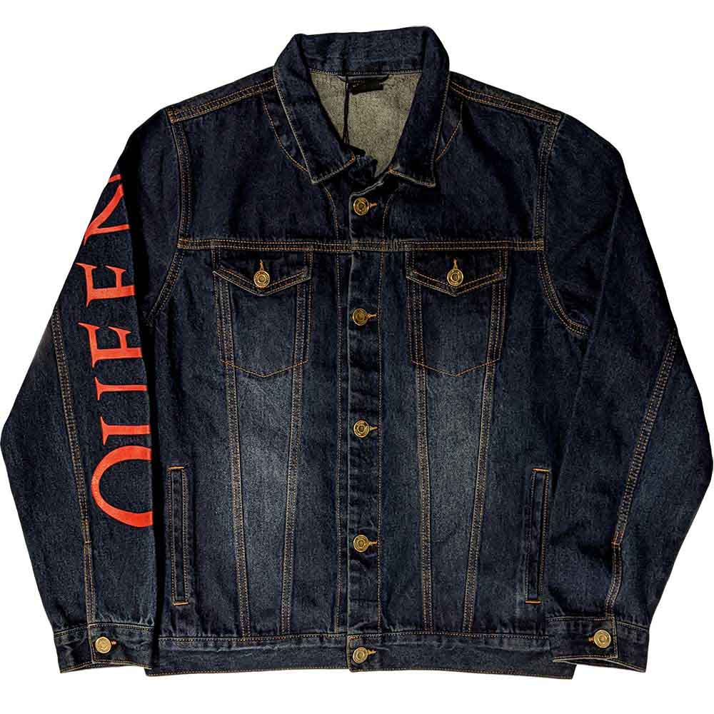 Queen Unisex Denim Jacket: White Crest (Denim Blue) (Back Print)