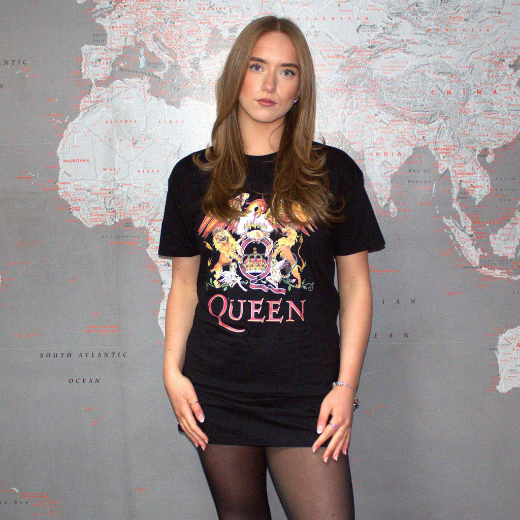 Queen Ladies T-Shirt Dress: Classic Crest (Black)