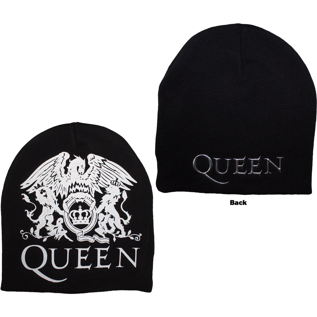 Queen Unisex Beanie Hat: Crest (Black) (Back Print)