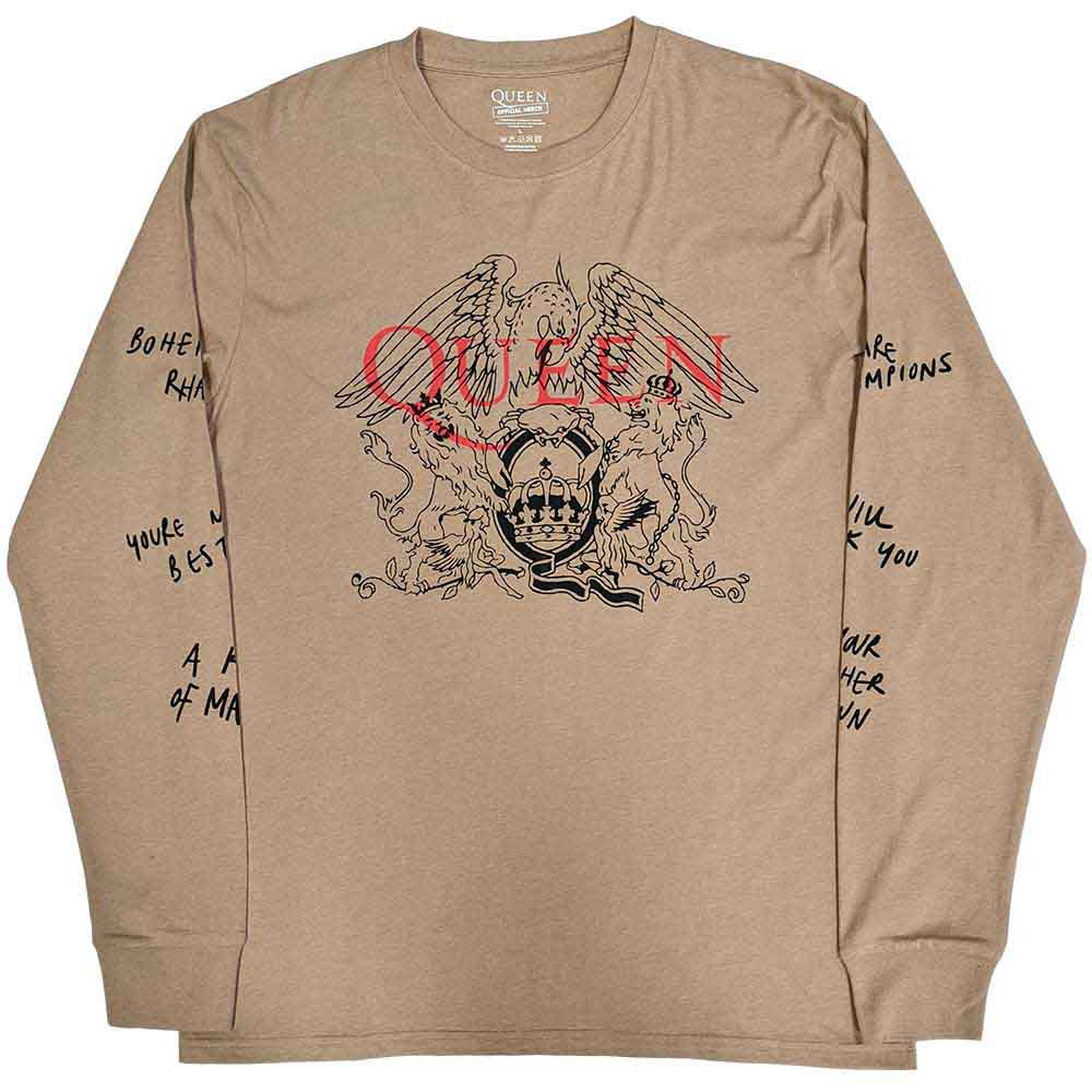 Queen Unisex Long Sleeve T-Shirt: Handwritten (Sand) (Sleeve Print)