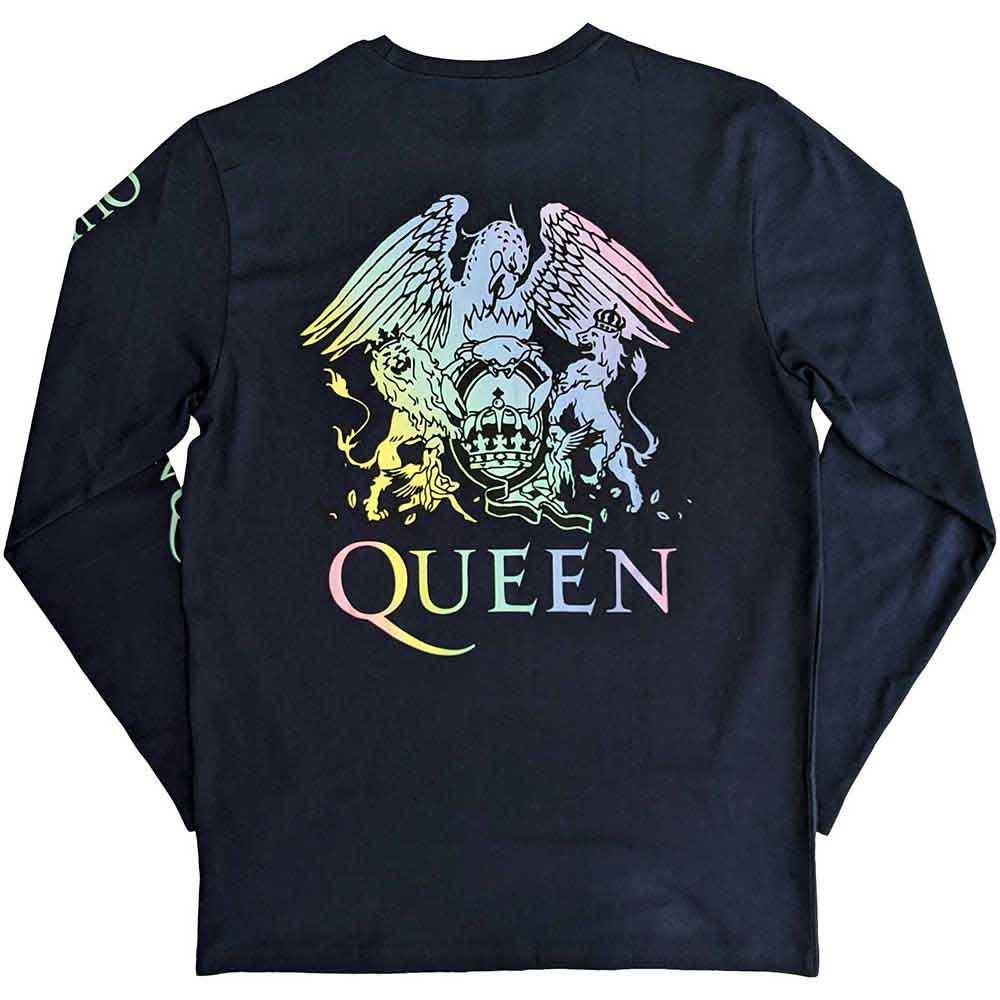 Queen Unisex Long Sleeve T-Shirt: Rainbow Crest (Denim Blue) (Back & Sleeve Print)