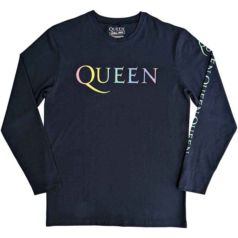 Queen Unisex Long Sleeve T-Shirt: Rainbow Crest (Denim Blue) (Back & Sleeve Print)
