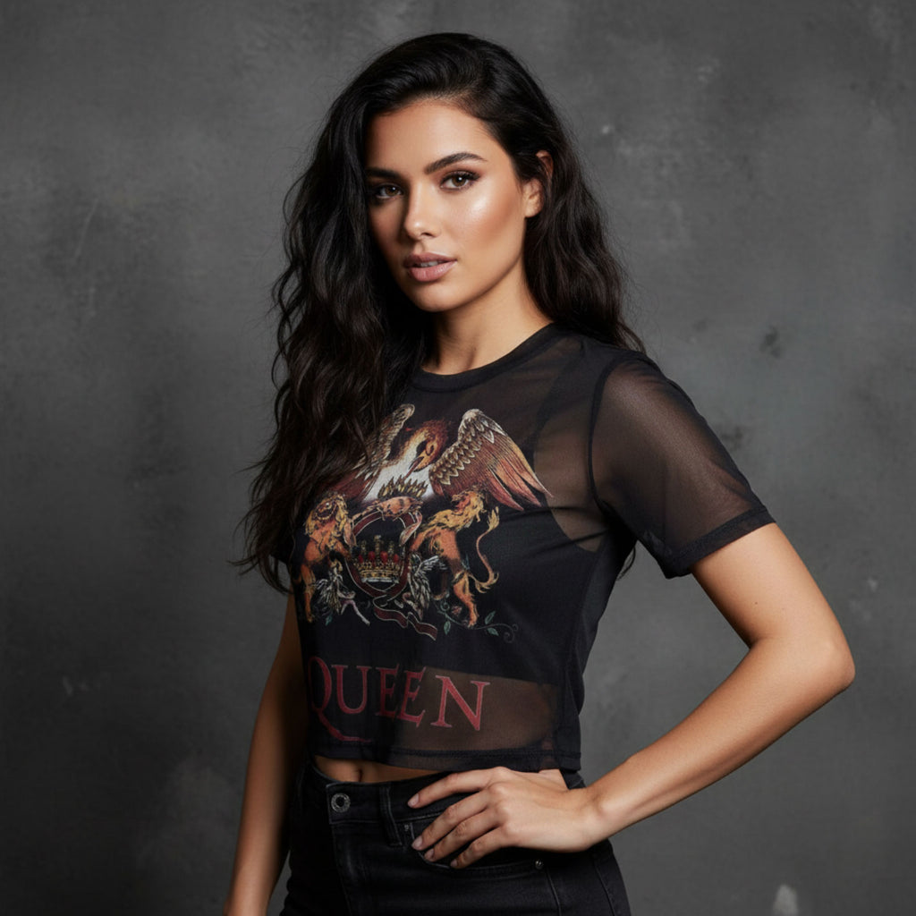 Queen Ladies Mesh Crop Top: Classic Crest (Navy)