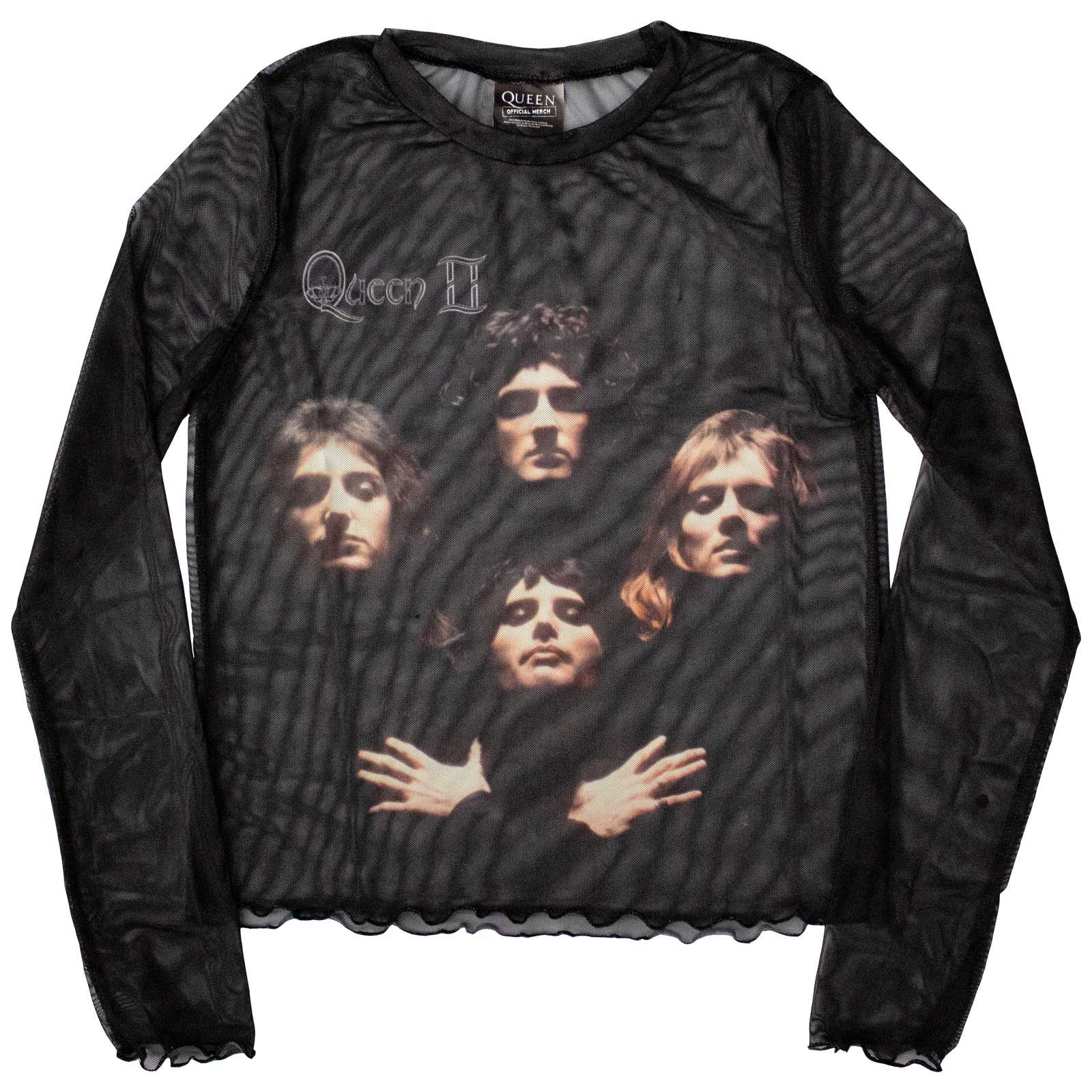 Queen Ladies Long Sleeve Mesh Crop Top: Bo Rhap Classic (Black)