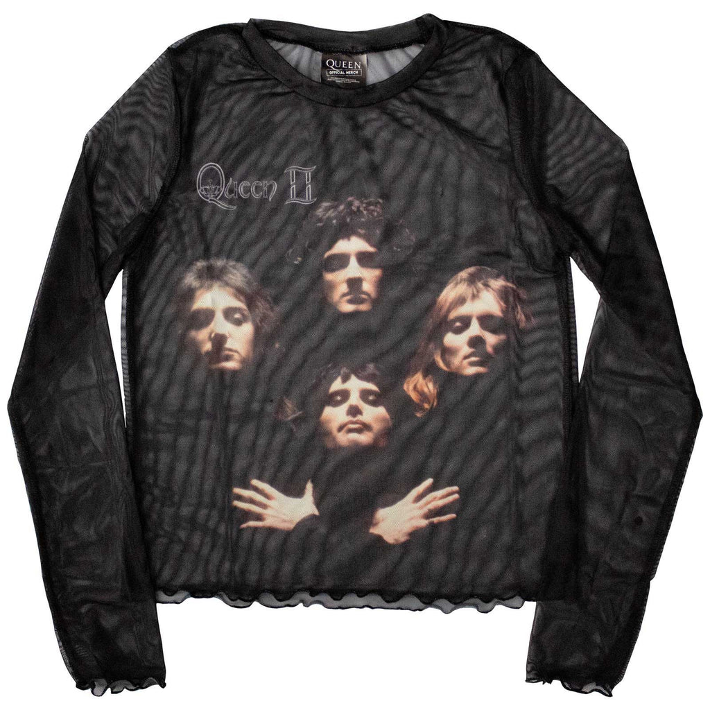 Queen Ladies Long Sleeve Mesh Crop Top: Bo Rhap Classic (Black)
