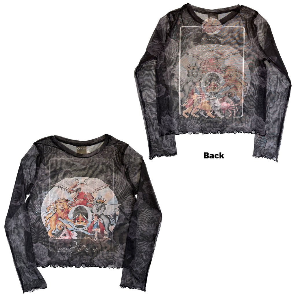 Queen Ladies Long Sleeve Mesh Crop Top: A Day At The Races (Black) (Front & Back)