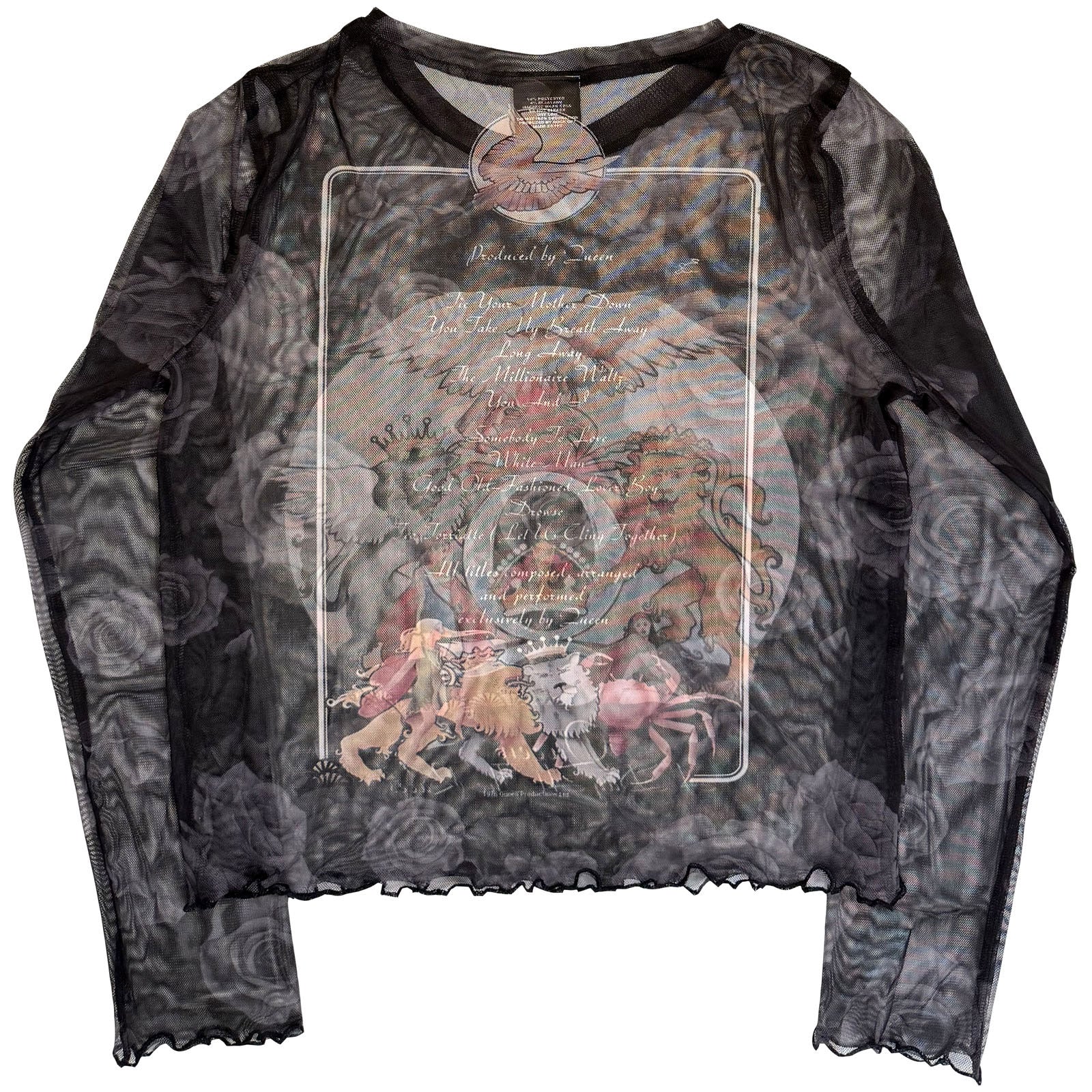 Queen Ladies Long Sleeve Mesh Crop Top: A Day At The Races (Black) (Front & Back)