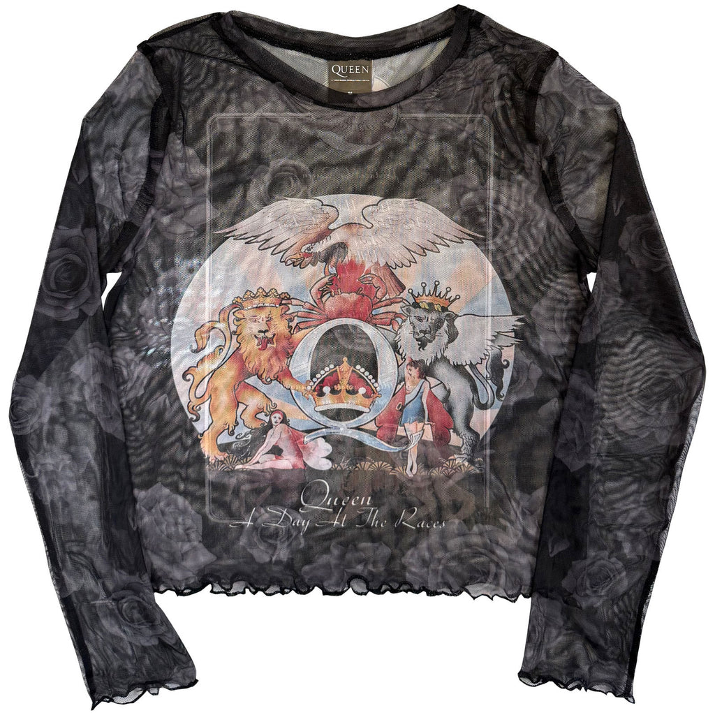 Queen Ladies Long Sleeve Mesh Crop Top: A Day At The Races (Black) (Front & Back)