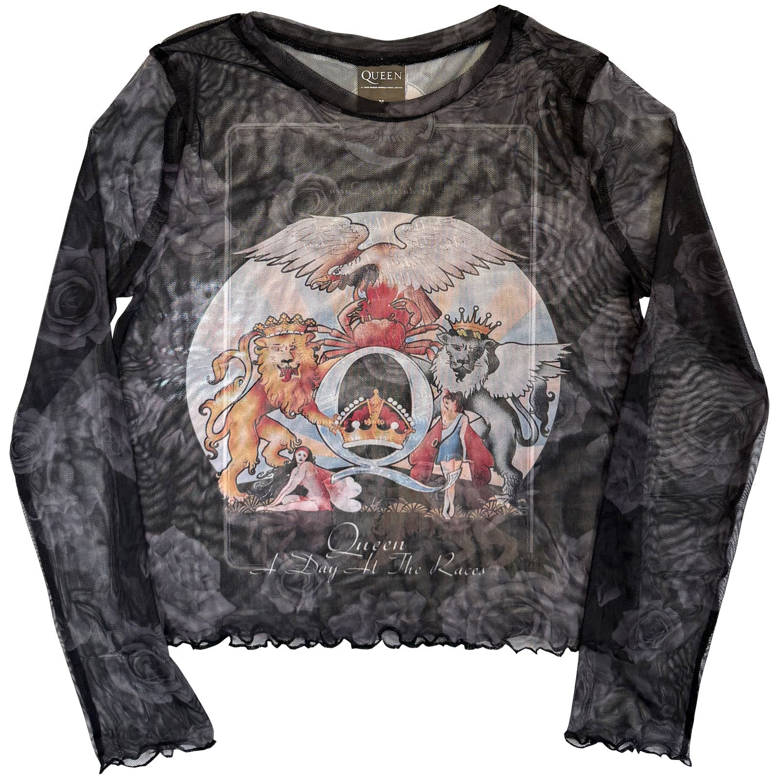 Queen Ladies Long Sleeve Mesh Crop Top: A Day At The Races (Black) (Front & Back)