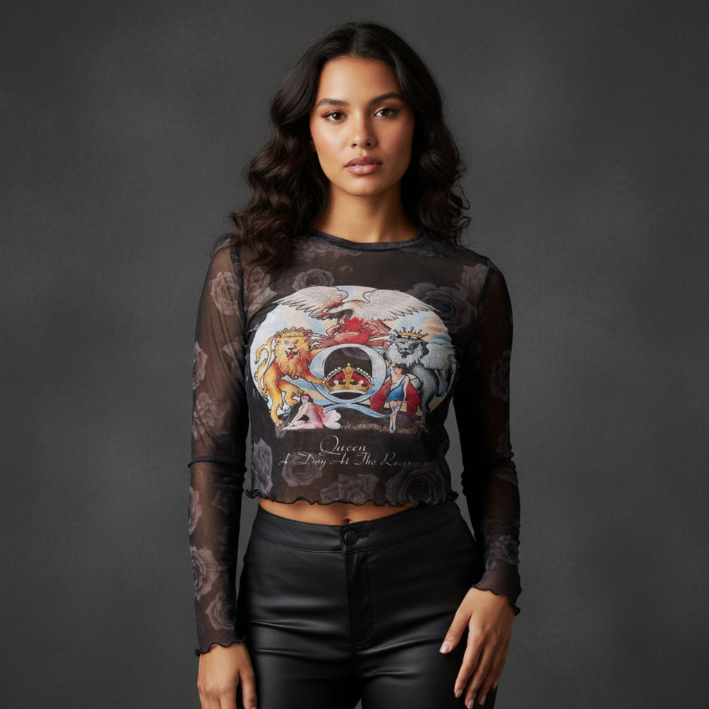 Queen Ladies Long Sleeve Mesh Crop Top: A Day At The Races (Black) (Front & Back)