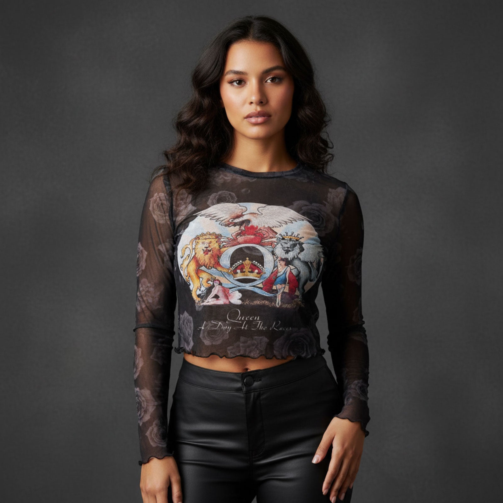 Queen Ladies Long Sleeve Mesh Crop Top: A Day At The Races (Black) (Front & Back)