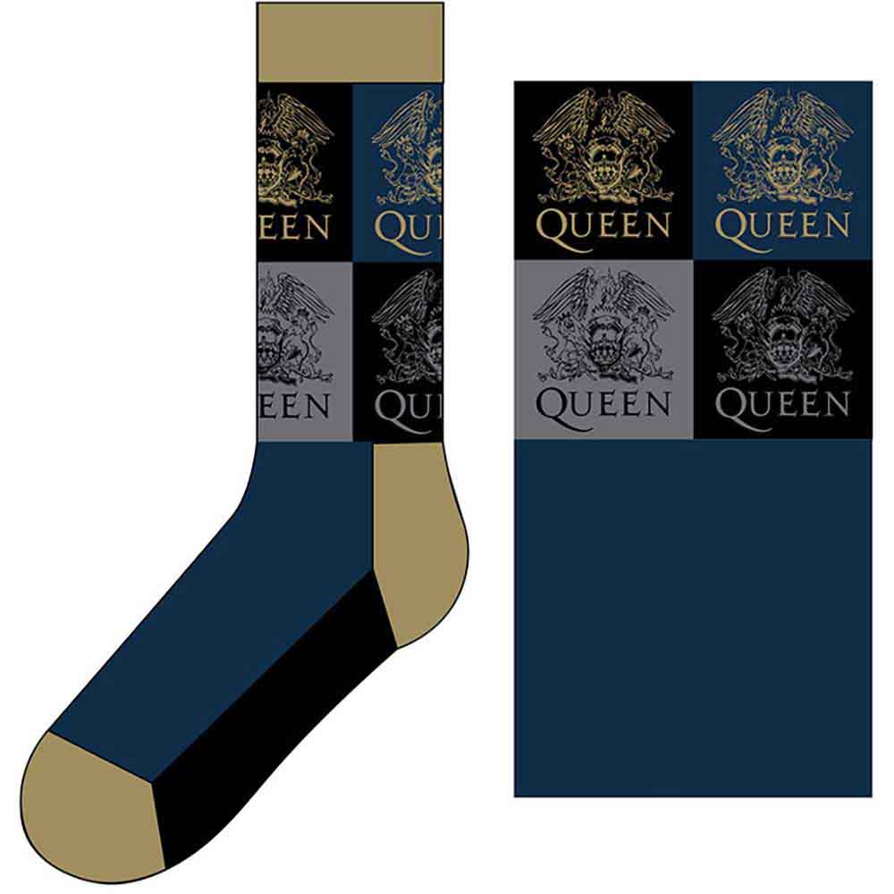 Queen Unisex Ankle Socks: Crest Blocks (Navy Blue) (UK Size 7 - 11)