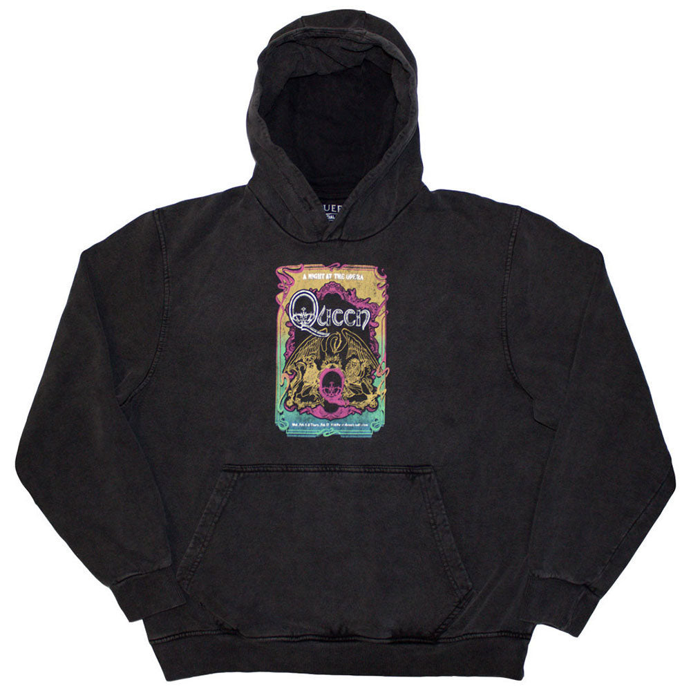 Queen Unisex Stone Wash Pullover Hoodie: A Night At The Opera Tour '76 (Charcoal Grey) (Wash Collection)