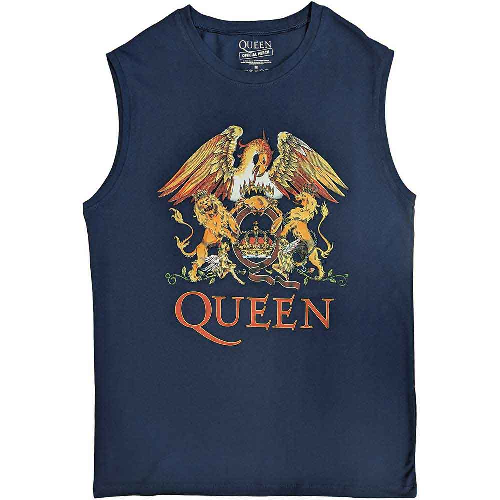 Queen Unisex Tank T-Shirt: Classic Crest (Navy Blue)