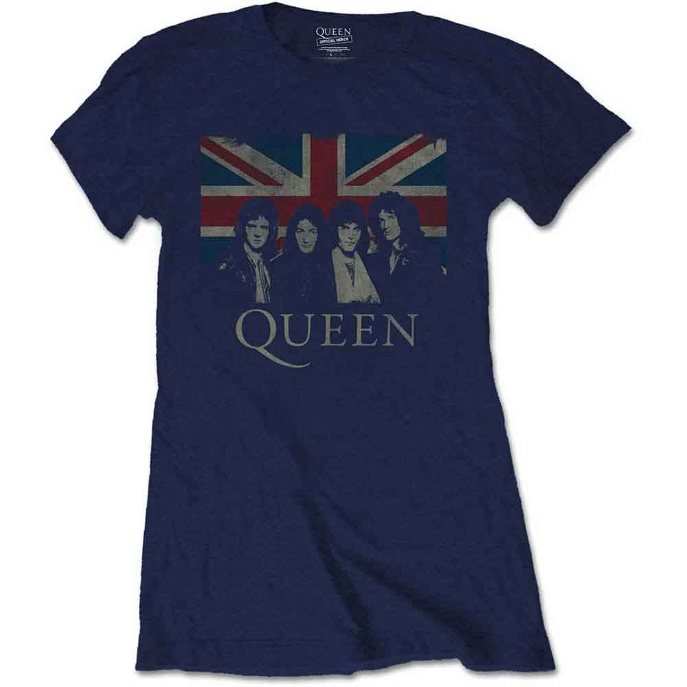 Queen Ladies T-Shirt: Vintage Union Jack (Navy Blue)