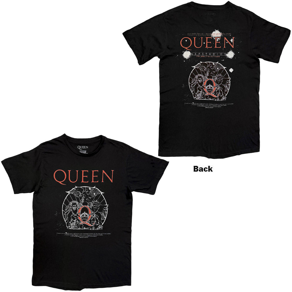 Queen Unisex T-Shirt: Budapest Iconic Poster Crest (Black) (Back Print)