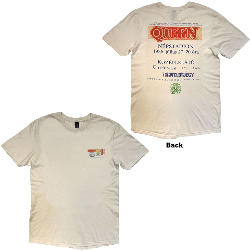 Queen Unisex T-Shirt: Budapest Ticket (Natural) (Back Print)