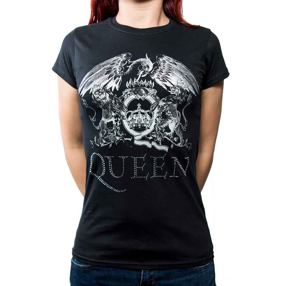 Queen Ladies T-Shirt: Logo (Black) (Embellished)