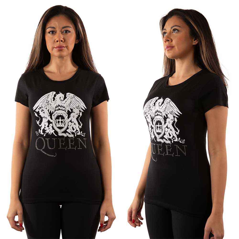 Queen Ladies T-Shirt: Logo (Black) (Embellished)