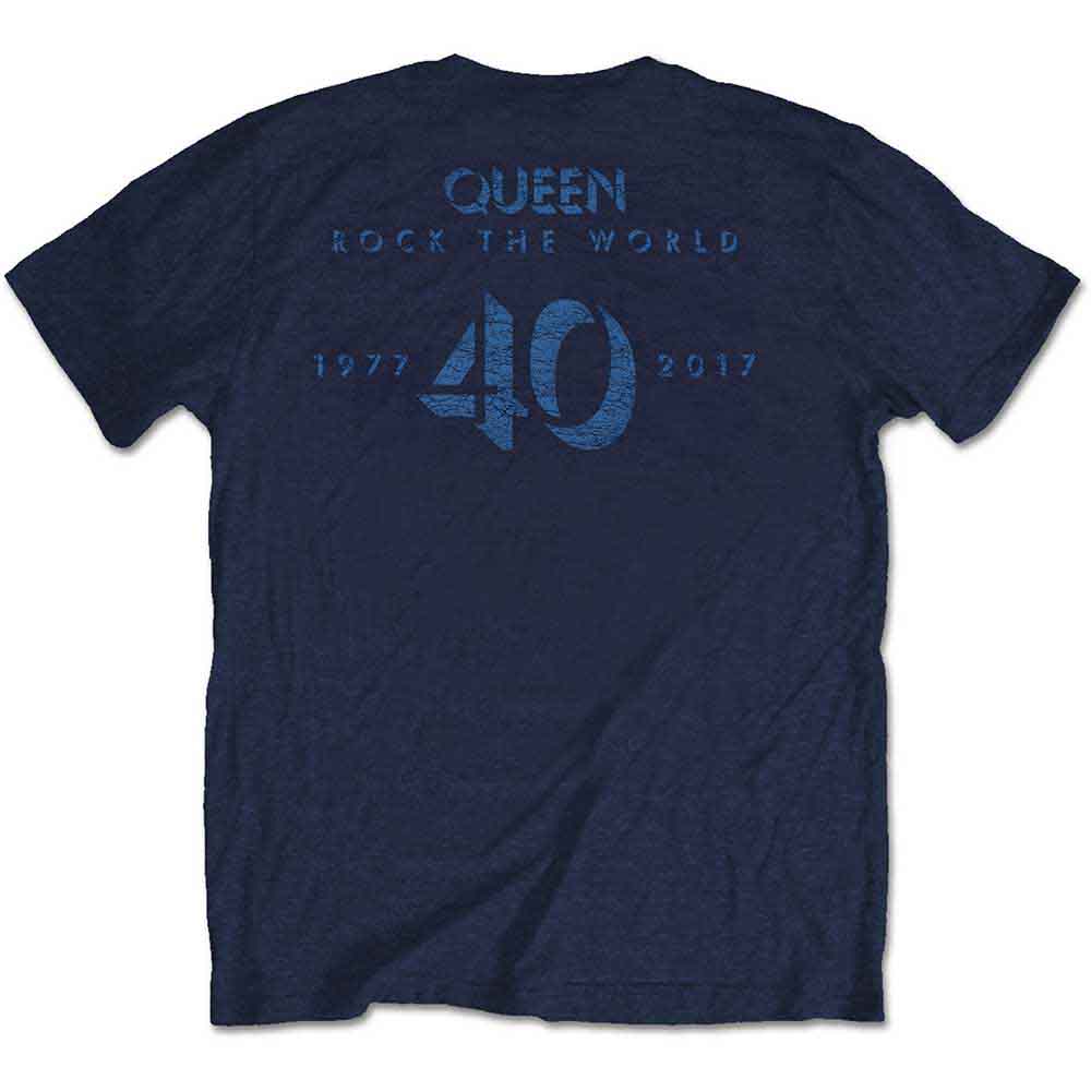 Queen Unisex T-Shirt: News of the World 40th Vintage Logo (Navy Blue) (Back Print)