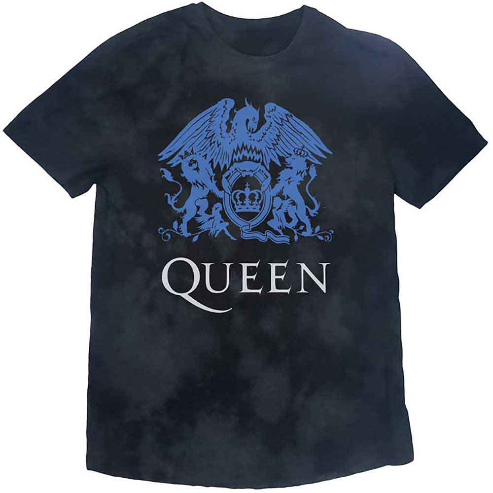 Queen Unisex T-Shirt: Blue Crest (Dip-Dye On Black) (Wash Collection)