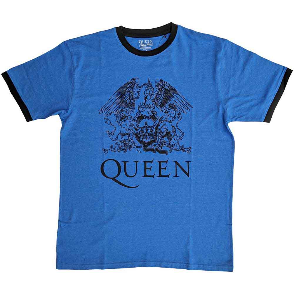 Queen Unisex Ringer T-Shirt: Crest Logo (Blue)