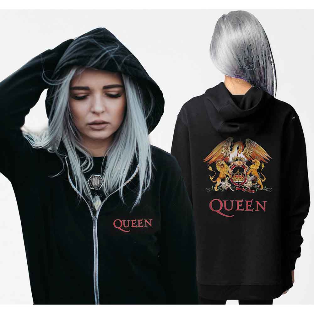 Queen Ladies Zipped Hoodie: Classic Crest (Black) (Back Print)