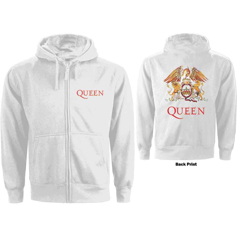 Queen Ladies Zipped Hoodie: Classic Crest (White) (Back Print)