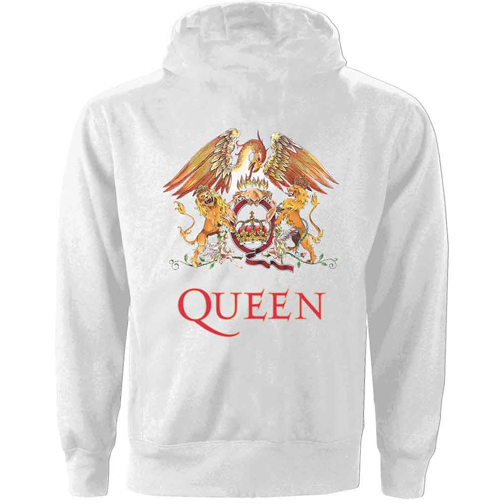 Queen Ladies Zipped Hoodie: Classic Crest (White) (Back Print)