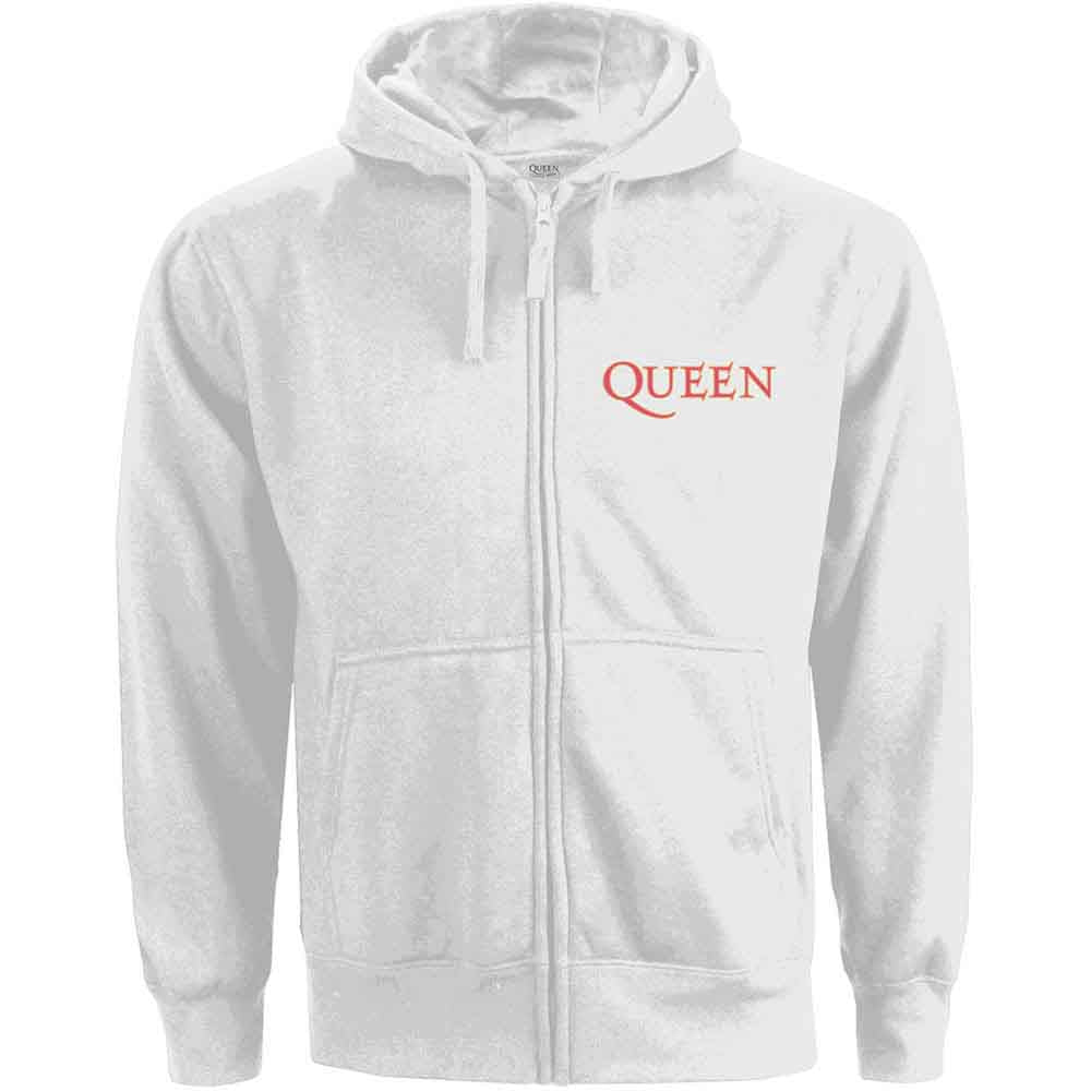 Queen Ladies Zipped Hoodie: Classic Crest (White) (Back Print)