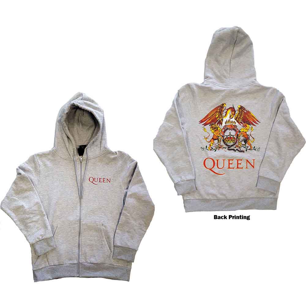 Queen Unisex Zipped Hoodie: Classic Crest (Ash Grey) (Back Print)