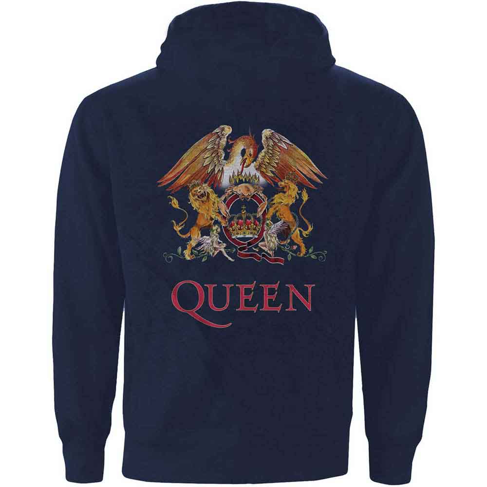 Queen Unisex Zipped Hoodie: Classic Crest (Navy Blue) (Back Print)