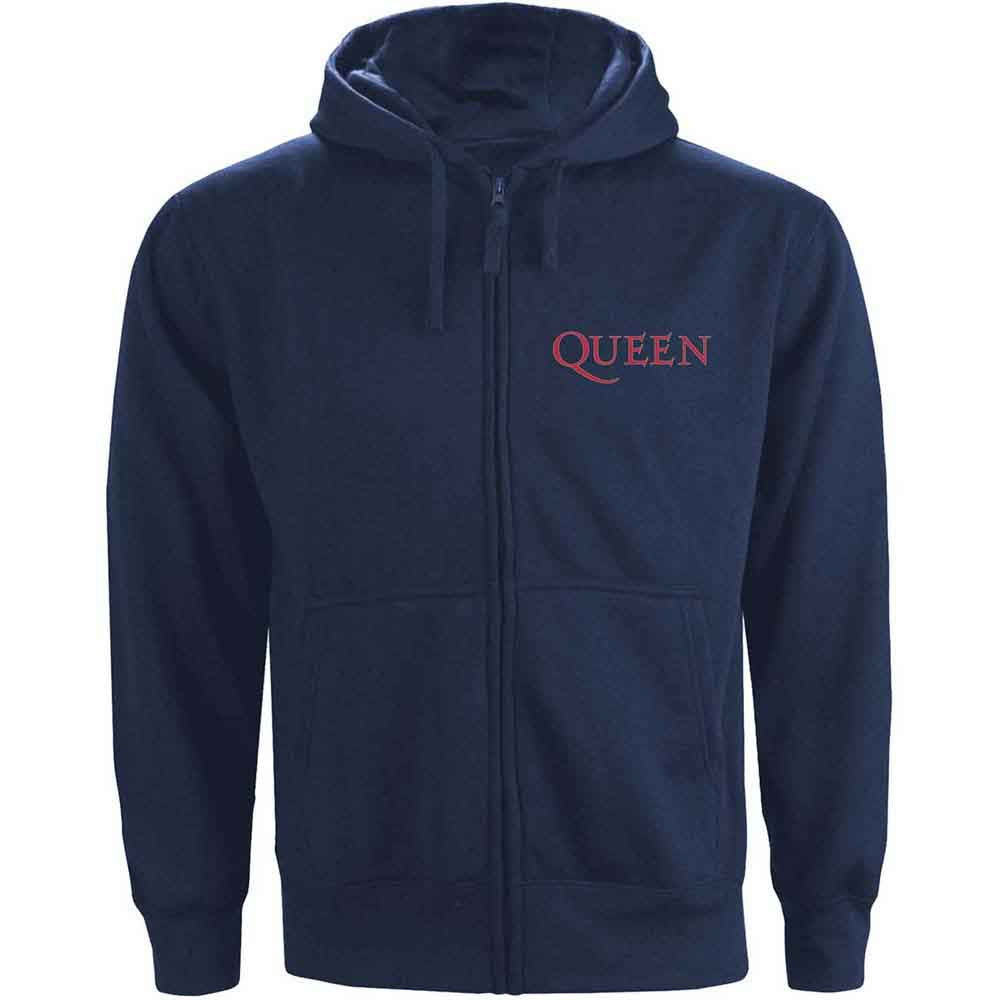 Queen Unisex Zipped Hoodie: Classic Crest (Navy Blue) (Back Print)