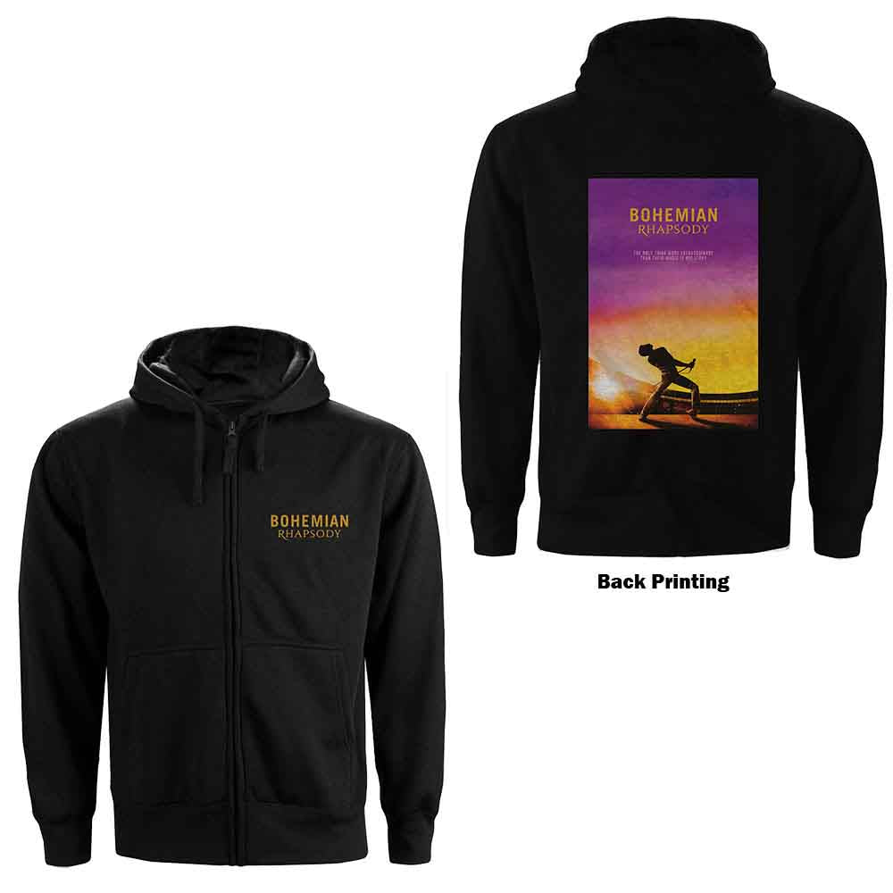 Queen Unisex Zipped Hoodie: Bohemian Rhapsody Movie Poster (Black) (Back Print)