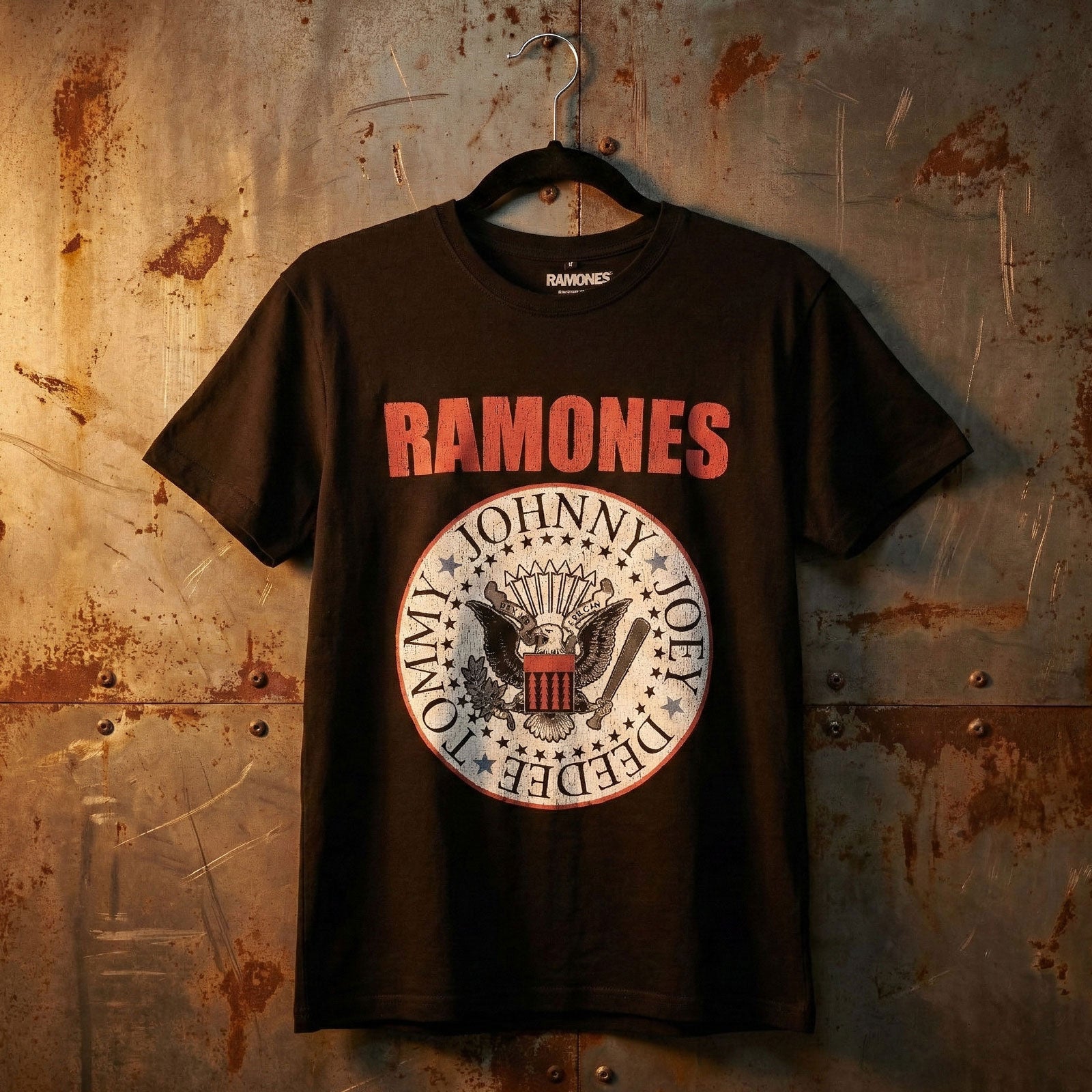 Ramones Unisex Premium Carbon T-Shirt: Hey Ho Red Block Text (Black) (Back Print)