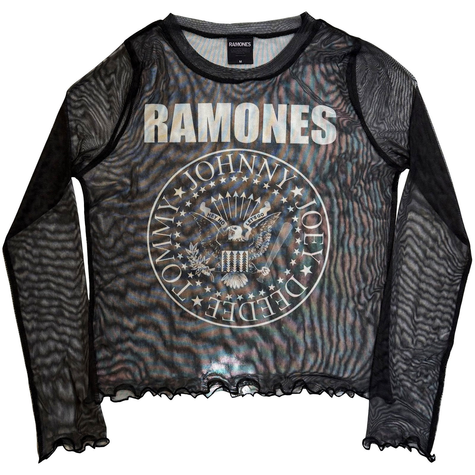 Ramones Ladies Long Sleeve Mesh Crop Top: Presidential Seal (Black)