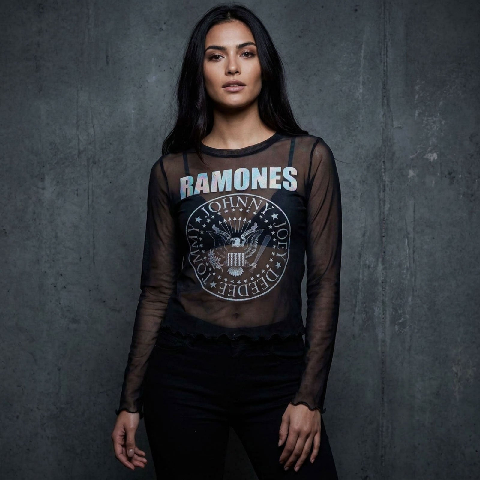Ramones Ladies Long Sleeve Mesh Crop Top: Presidential Seal (Black)