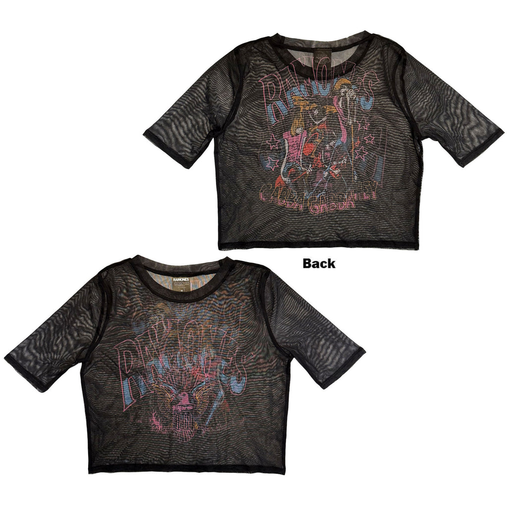Ramones Ladies Mesh Crop Top: Graffiti Illustration (Black) (Back Print)
