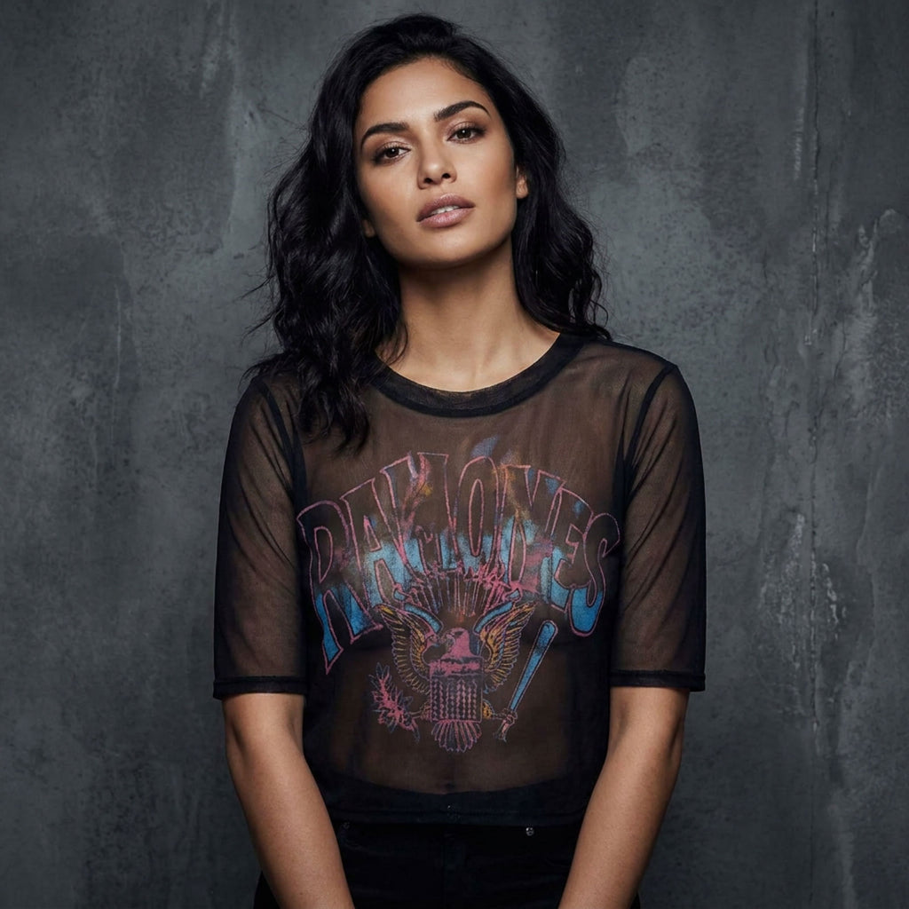 Ramones Ladies Mesh Crop Top: Graffiti Illustration (Black) (Back Print)