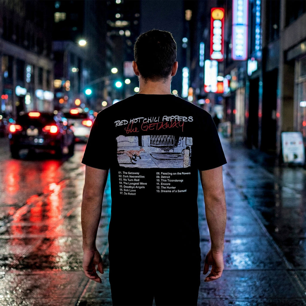 Red Hot Chili Peppers Unisex Premium Carbon T-Shirt: The Getaway Tracklist (Black) (Back Print)